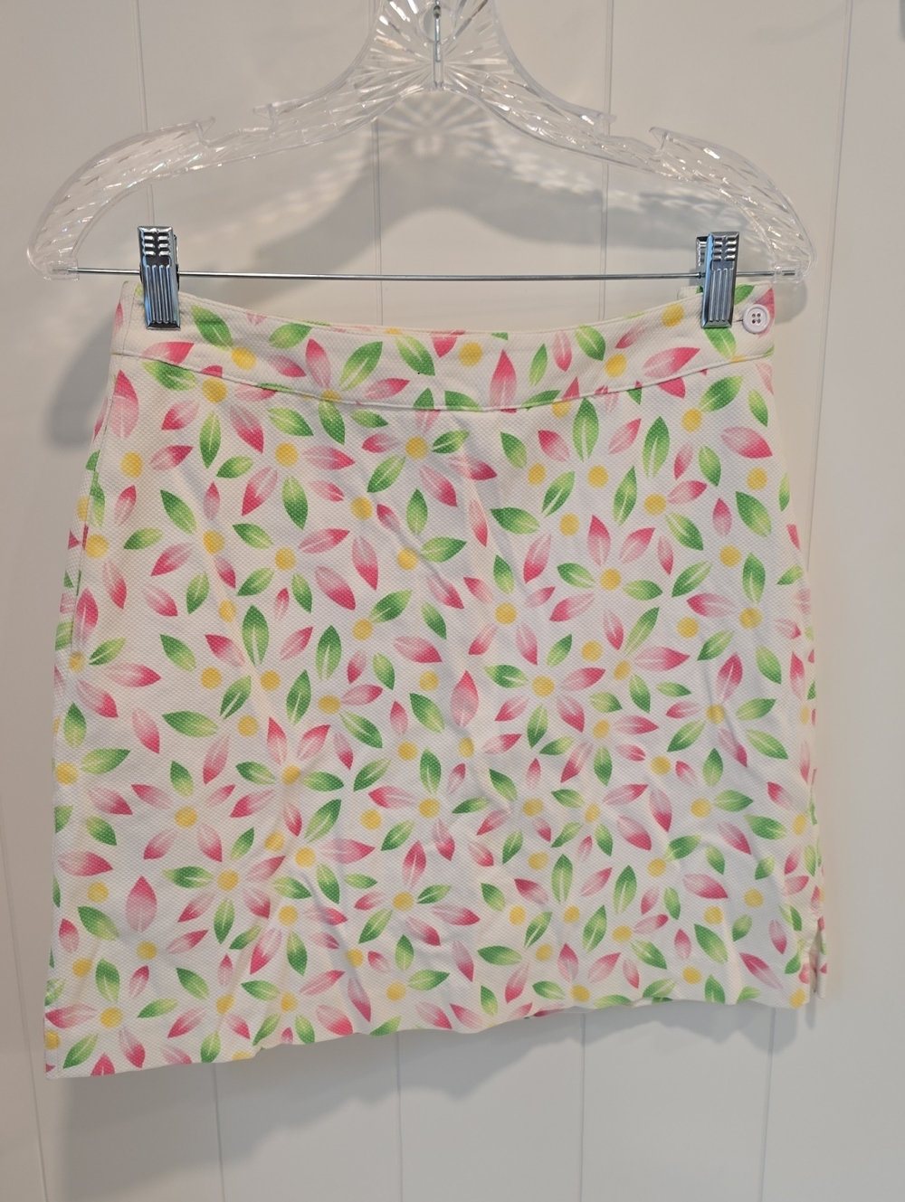 EP Pro White Mini Skirt with Pink, Green & Yellow Leaf Print
